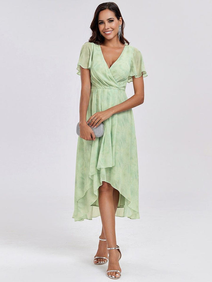 Maya|Ruffles Sleeve Pleated V-Neck A-Line Midi Chiffon Wedding Guest Dress