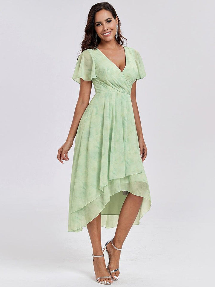 Maya|Ruffles Sleeve Pleated V-Neck A-Line Midi Chiffon Wedding Guest Dress