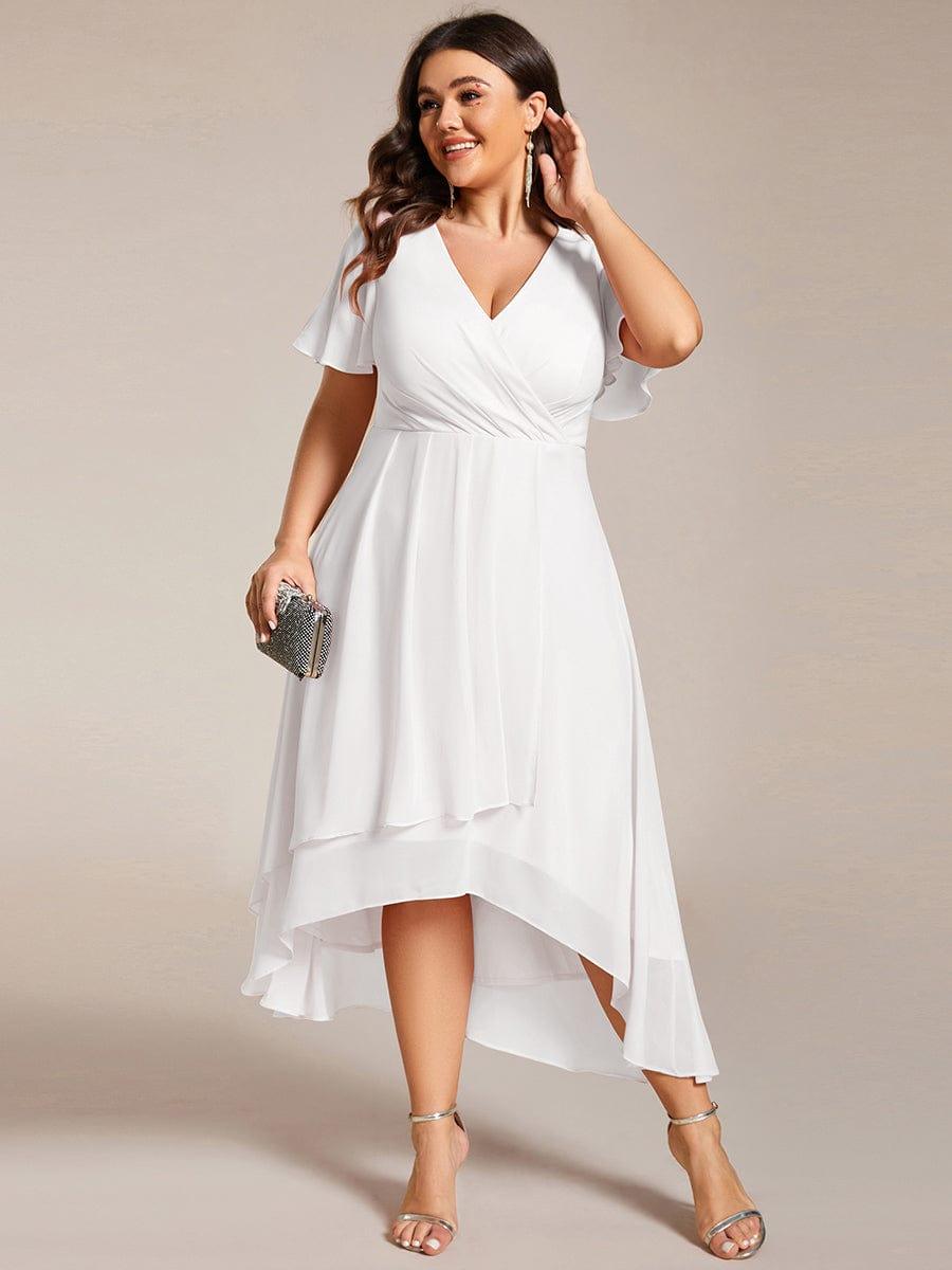 Maya|Ruffles Sleeve Pleated V-Neck A-Line Midi Chiffon Wedding Guest Dress