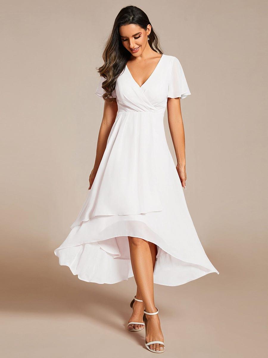 Maya|Ruffles Sleeve Pleated V-Neck A-Line Midi Chiffon Wedding Guest Dress