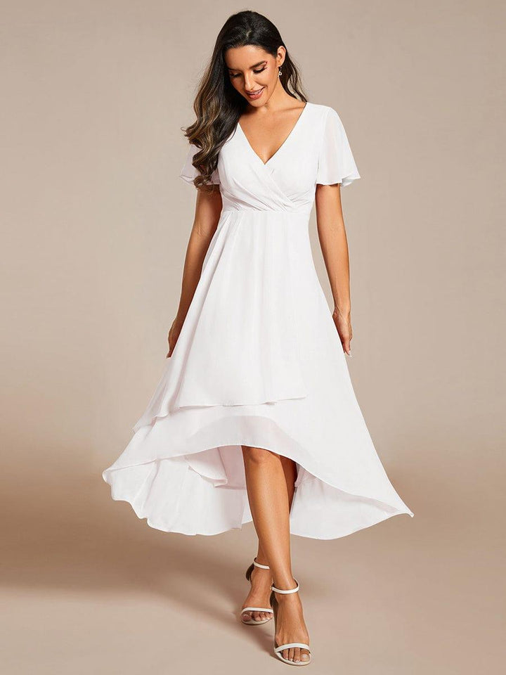 Maya|Ruffles Sleeve Pleated V-Neck A-Line Midi Chiffon Wedding Guest Dress