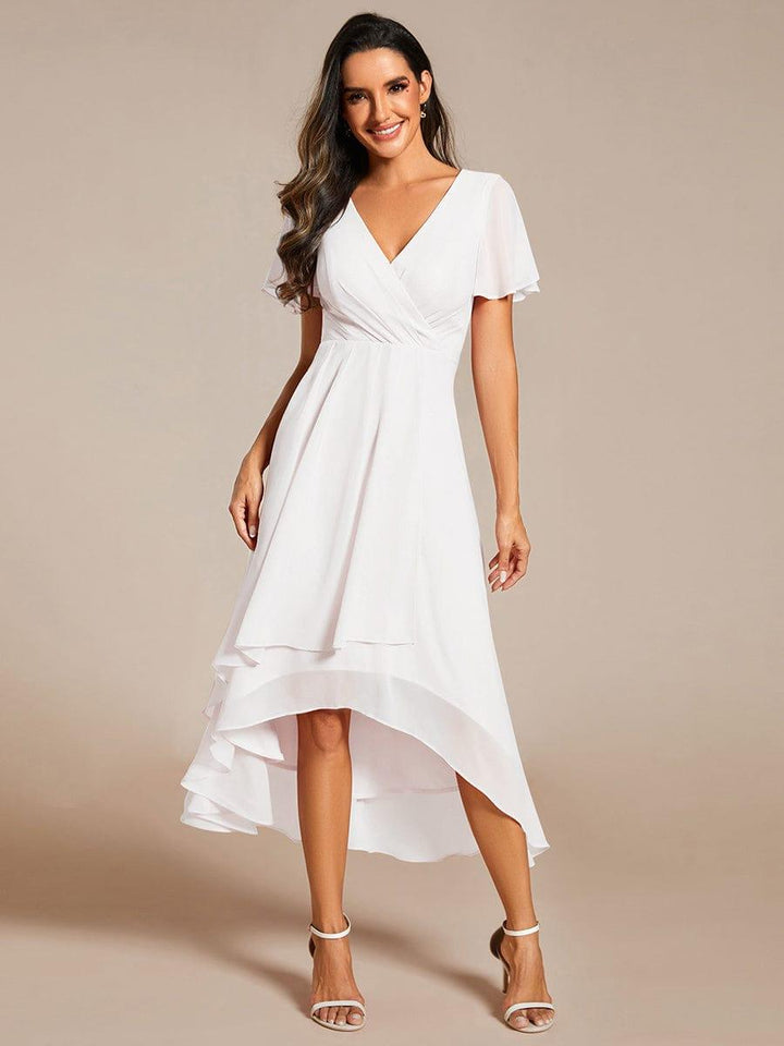 Maya|Ruffles Sleeve Pleated V-Neck A-Line Midi Chiffon Wedding Guest Dress
