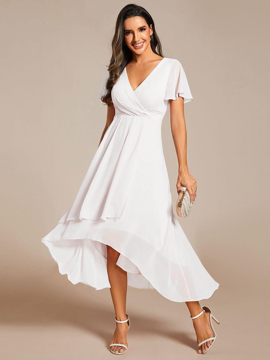 Maya|Ruffles Sleeve Pleated V-Neck A-Line Midi Chiffon Wedding Guest Dress