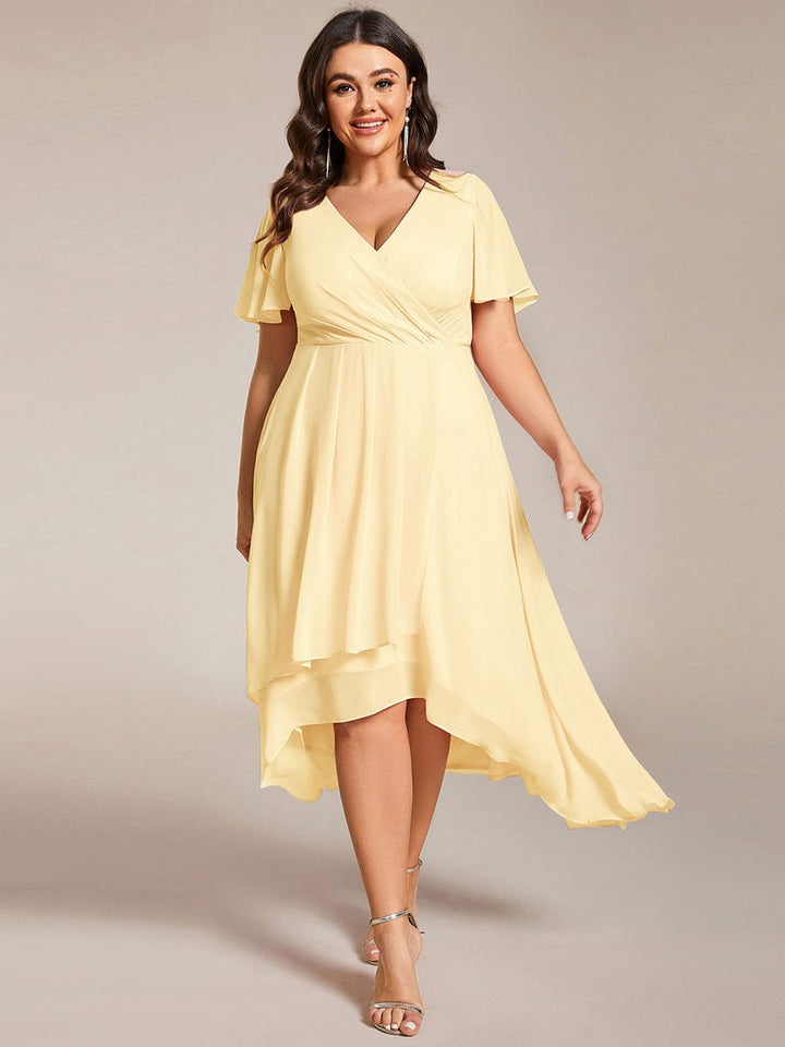 Maya|Ruffles Sleeve Pleated V-Neck A-Line Midi Chiffon Wedding Guest Dress