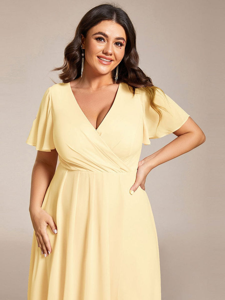 Maya|Ruffles Sleeve Pleated V-Neck A-Line Midi Chiffon Wedding Guest Dress