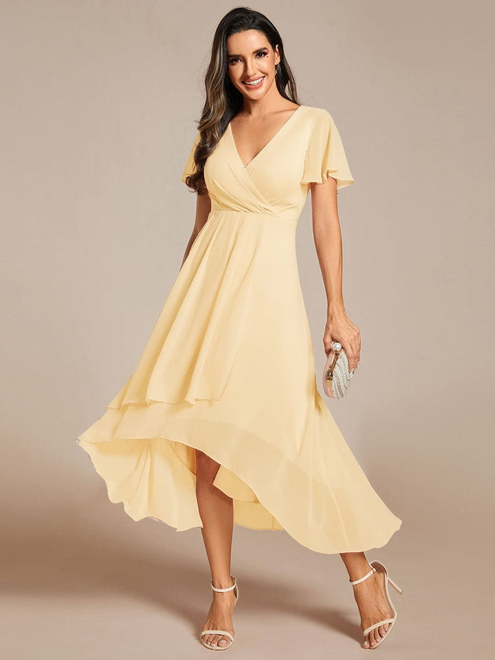 Maya|Ruffles Sleeve Pleated V-Neck A-Line Midi Chiffon Wedding Guest Dress