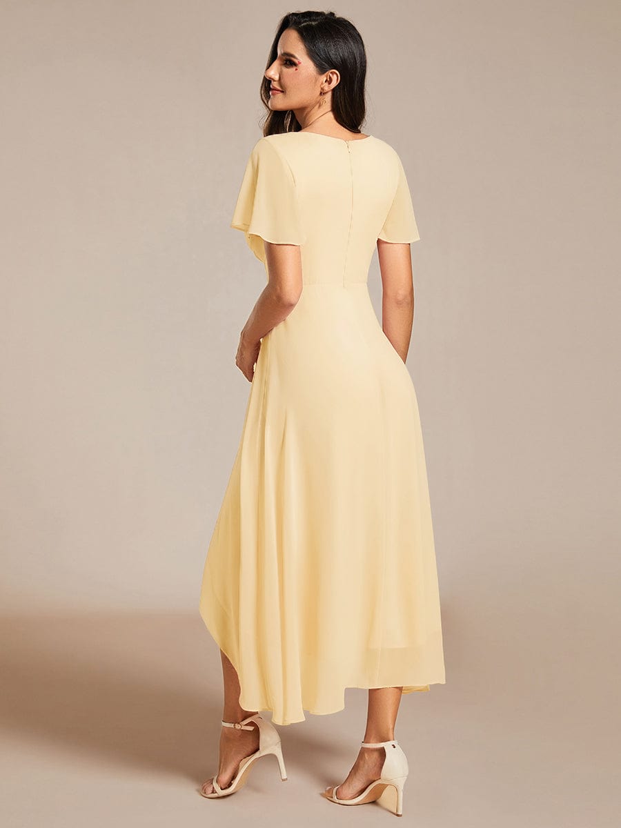 Maya|Ruffles Sleeve Pleated V-Neck A-Line Midi Chiffon Wedding Guest Dress