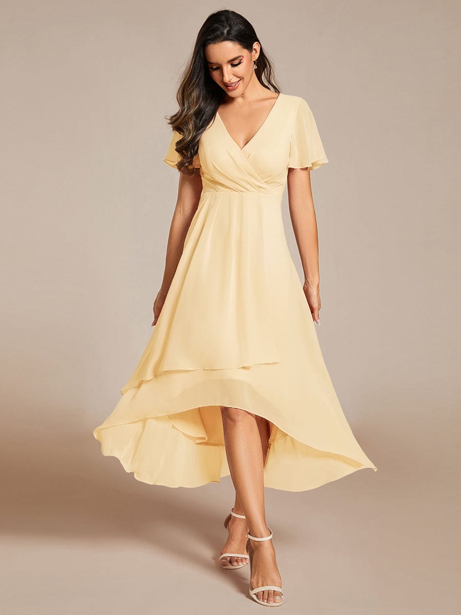 Maya|Ruffles Sleeve Pleated V-Neck A-Line Midi Chiffon Wedding Guest Dress