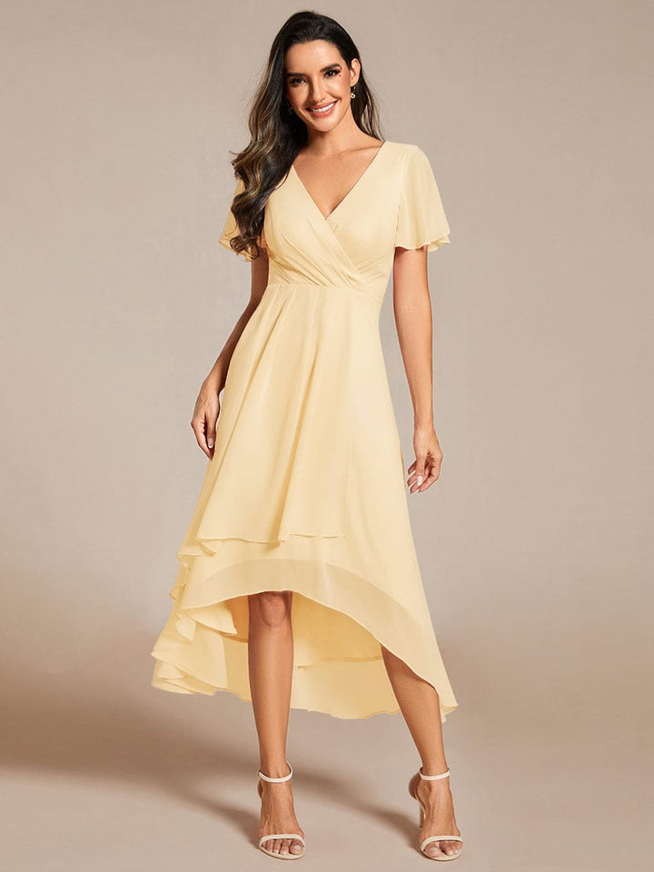Maya|Ruffles Sleeve Pleated V-Neck A-Line Midi Chiffon Wedding Guest Dress