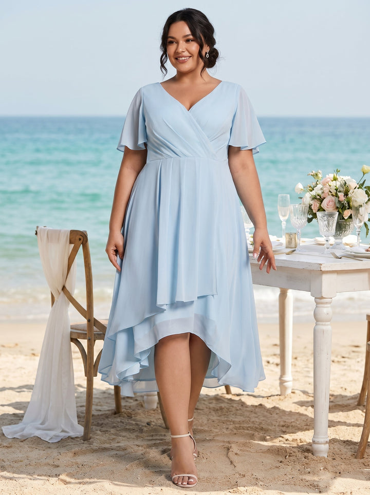 Maya|Ruffles Sleeve Pleated V-Neck A-Line Midi Chiffon Wedding Guest Dress