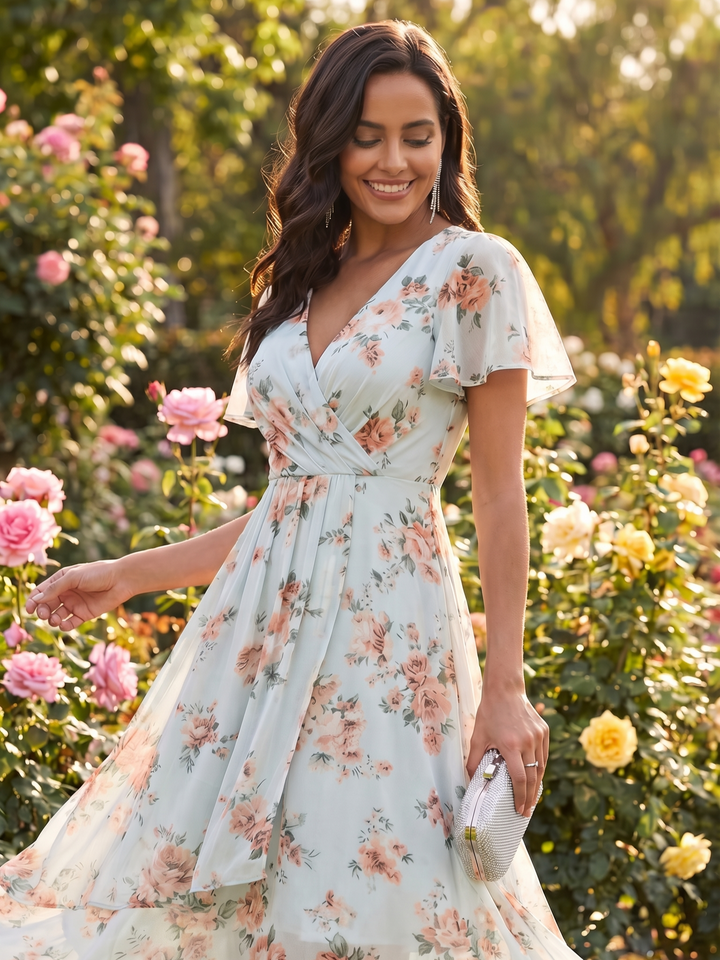 Maya|Ruffles Sleeve Pleated V-Neck A-Line Midi Chiffon Wedding Guest Dress