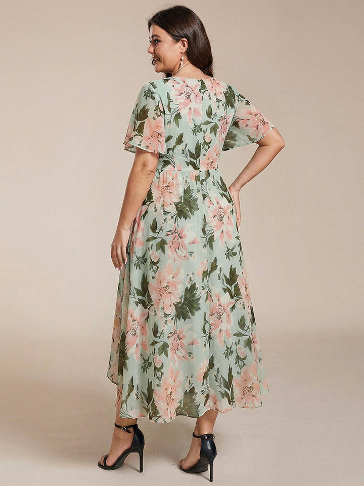 Maya|Ruffles Sleeve Pleated V-Neck A-Line Midi Chiffon Wedding Guest Dress