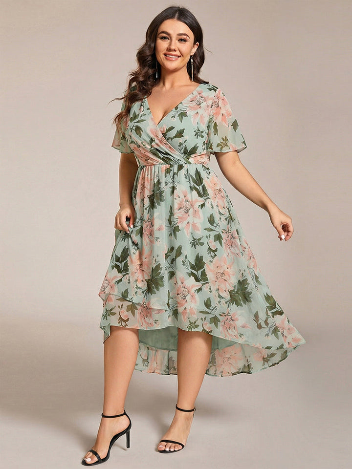 Maya|Ruffles Sleeve Pleated V-Neck A-Line Midi Chiffon Wedding Guest Dress