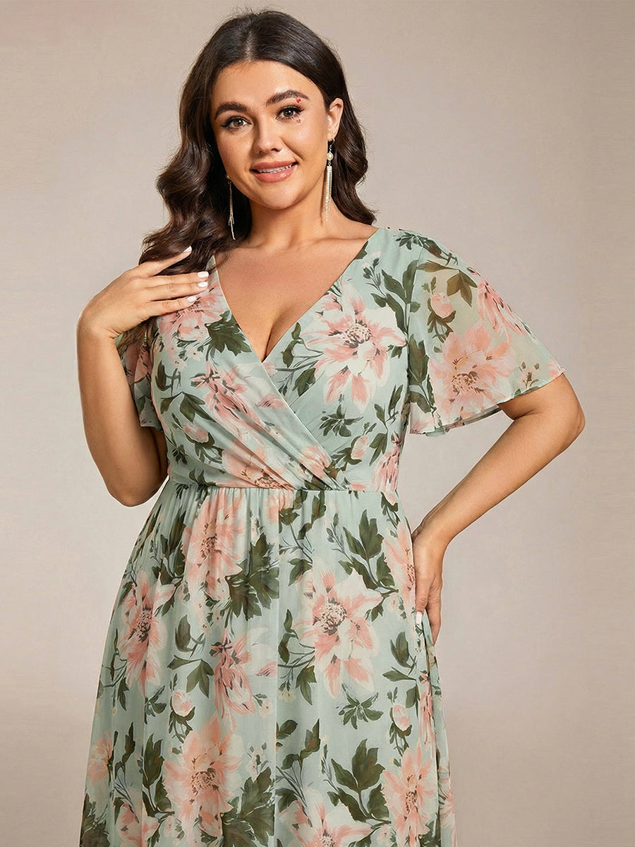 Maya|Ruffles Sleeve Pleated V-Neck A-Line Midi Chiffon Wedding Guest Dress