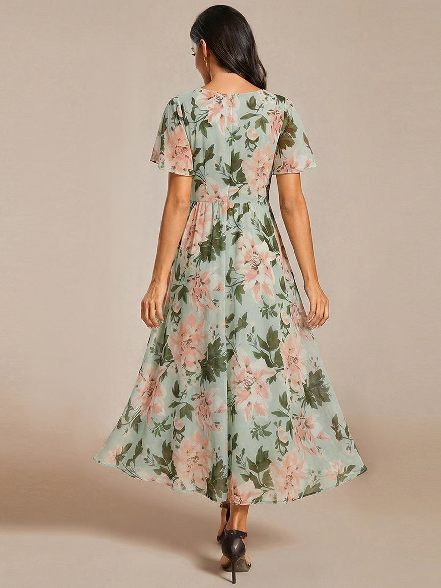 Maya|Ruffles Sleeve Pleated V-Neck A-Line Midi Chiffon Wedding Guest Dress