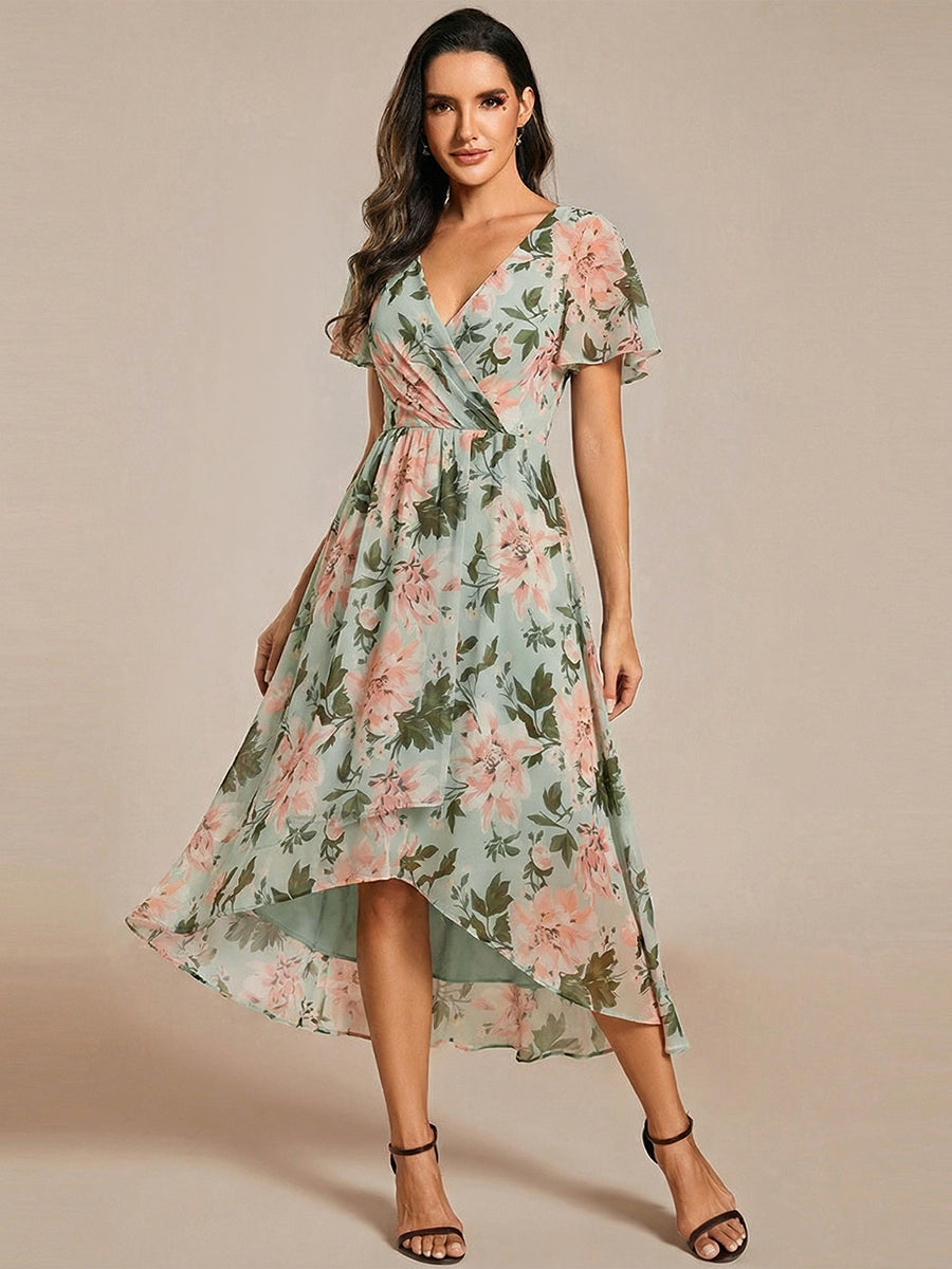 Maya|Ruffles Sleeve Pleated V-Neck A-Line Midi Chiffon Wedding Guest Dress