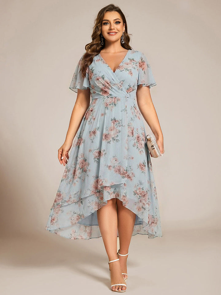 Maya|Ruffles Sleeve Pleated V-Neck A-Line Midi Chiffon Wedding Guest Dress