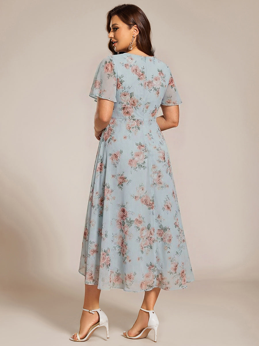 Maya|Ruffles Sleeve Pleated V-Neck A-Line Midi Chiffon Wedding Guest Dress