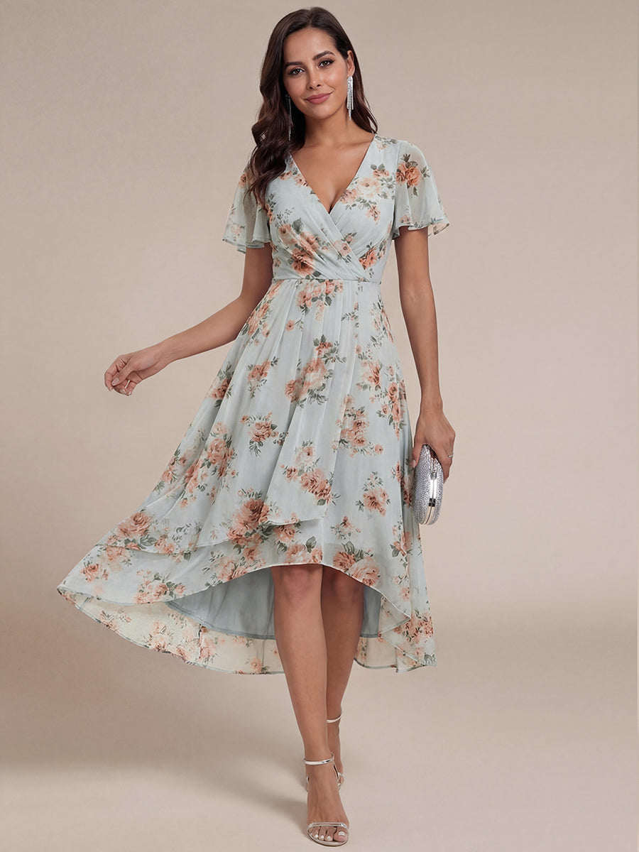 Maya|Ruffles Sleeve Pleated V-Neck A-Line Midi Chiffon Wedding Guest Dress
