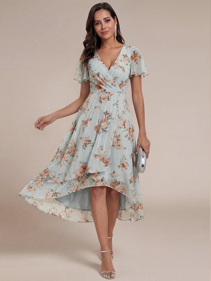 Maya|Ruffles Sleeve Pleated V-Neck A-Line Midi Chiffon Wedding Guest Dress