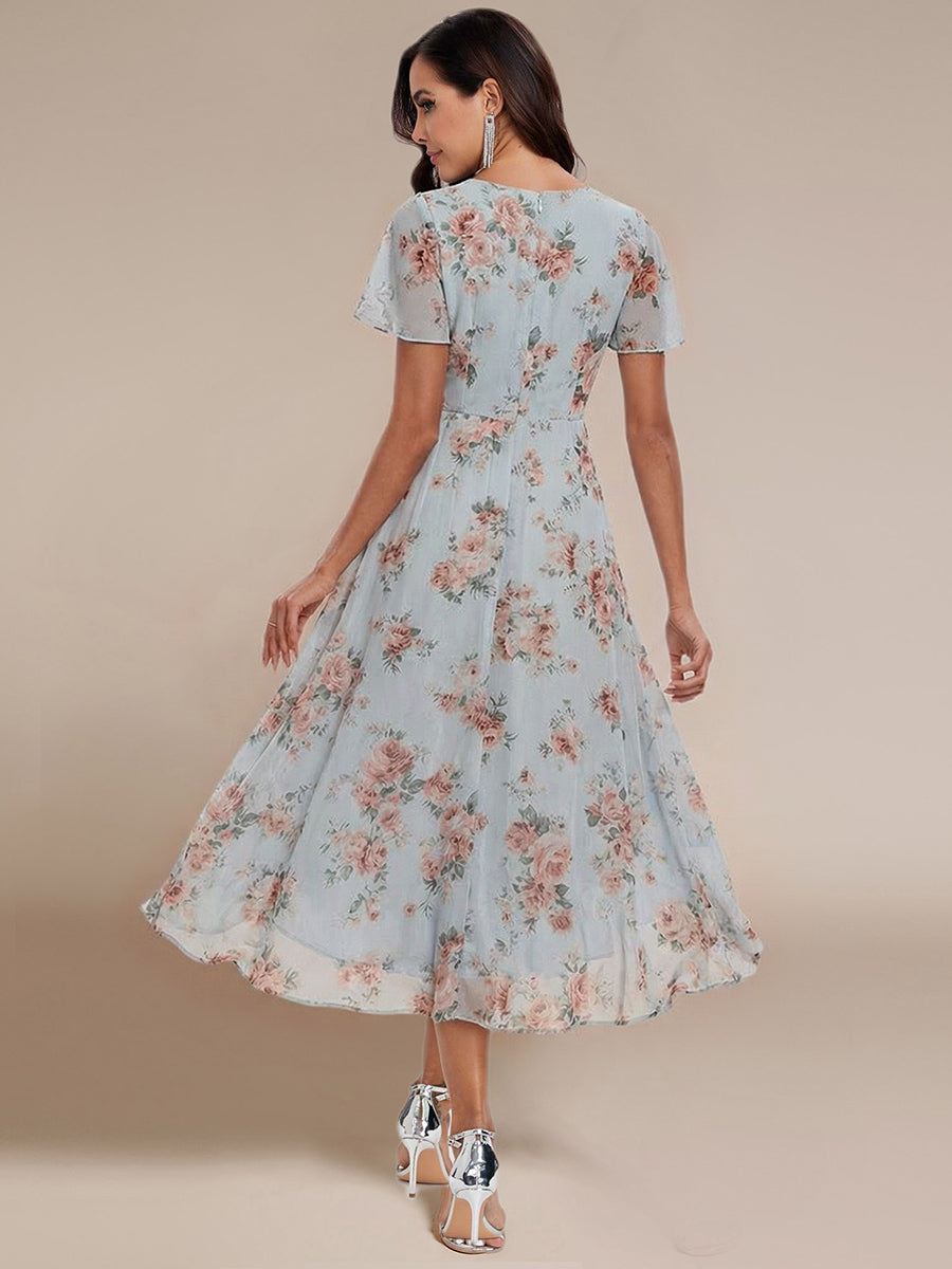 Maya|Ruffles Sleeve Pleated V-Neck A-Line Midi Chiffon Wedding Guest Dress
