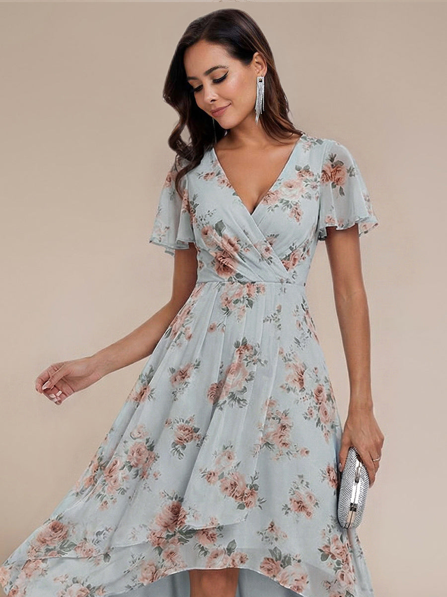 Maya|Ruffles Sleeve Pleated V-Neck A-Line Midi Chiffon Wedding Guest Dress