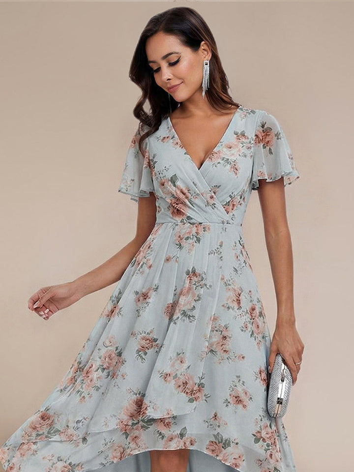 Maya|Ruffles Sleeve Pleated V-Neck A-Line Midi Chiffon Wedding Guest Dress