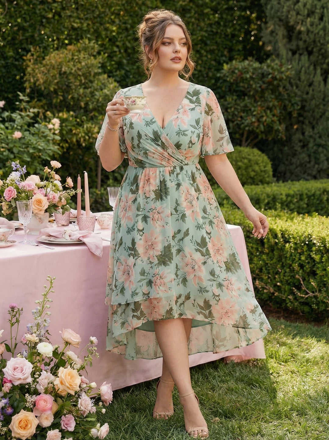 Maya|Ruffles Sleeve Pleated V-Neck A-Line Midi Chiffon Wedding Guest Dress